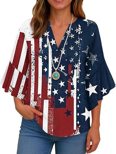Women's American Flag Shirt, 250Th Anniversary USA Shirt, 3/4 Sleeve V Neck Patriotic Tops, S-2XL