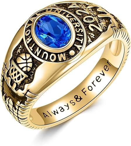 Customized Class Ring for Men and WoMen High School College Ring Peralized Birthstone Ring in 10K/14K/18K Gold/Sterling Silver, Size 4-15 Exquisite Graduation Gift(With Gift Box)