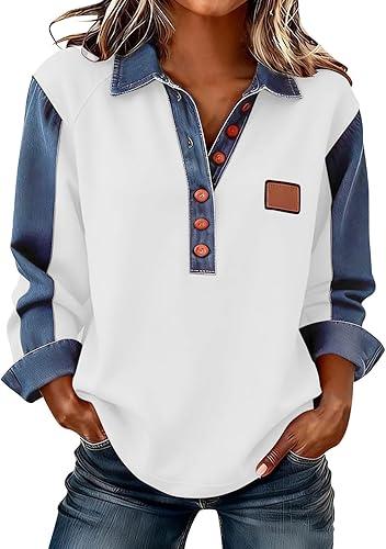 Women's Denim Patchwork Tops Long Sleeve V-Neck Collared Button Down Shirts Casual Jean Pullover