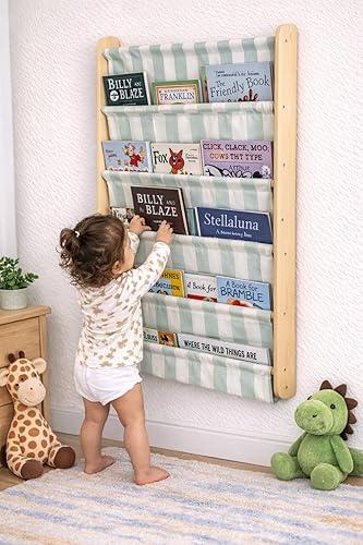 Montessori 5 Tier Canvas Pocket Wall Bookshelf, Re-Washable Soft Fabric Kids Book Rack, Space Saving Behind Door Shelf (Mint Green)