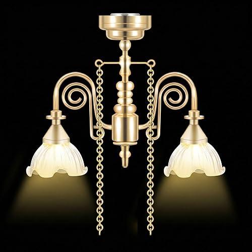 NUOBESTY 1:12 Scale Dollhouse Chandelier, Battery Operated LED Miniature Ceiling Lamp Vintage Gold Hanging Lighting for Room Box Diorama