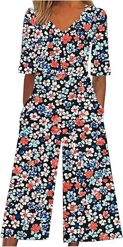 FZYLQY Women's Boho Floral Capris Jumpsuits Fashion V-Neck Short Sleeves Loose Comfy Rompers Wide Leg Pants with Pockets