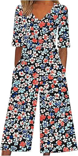 FZYLQY Women's Boho Floral Capris Jumpsuits Fashion V-Neck Short Sleeves Loose Comfy Rompers Wide Leg Pants with Pockets