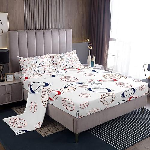 Feelyou Sports Print Bed Sheets Set Twin Size Basketball Rugby Print Deep Pocket Fitted Sheet Baseball Bedding Sets Game Soft Bed Set 3Pcs with 1 Pillow Cases