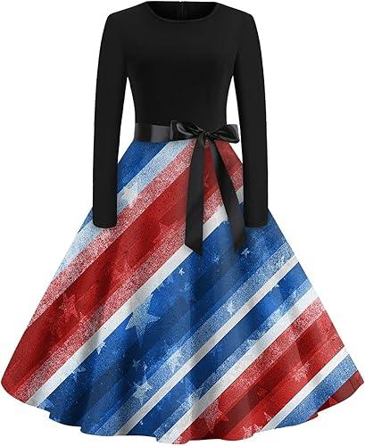Women's 4Th of July Dresses : Holiday Swing Splicing Dresses Travel Spring Long Sleeve Round Neck Tie Dress, S-5XL