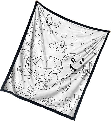 Coloring Blanket, DIY Marine Animal Theme Quilt, 59x50in Washable Soft Throw Blanket, Interactive Color Your Own Blankets for Relaxation, for Adults Children Women Teens Couch Bed Room Fall Home