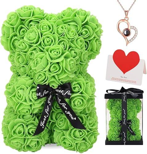 Rose Bear Gift Set for Mom - Green Flower Teddy with Necklace, Message Card & Clear Gift Box, Artificial Rose Foam Bear for Mother's Day, Birthday, Anniversary and Girlfriend