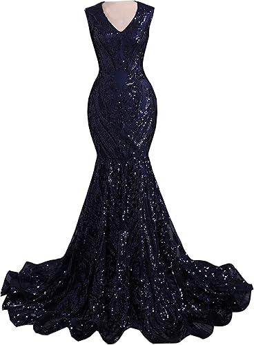 Women's Sleeveless V-Neck Sequins Mermaid Formal Evening Dress