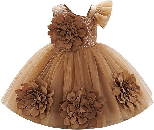 OBEEII Toddler Flower Girl Dress Wedding Pageant Sparkle Sequin 3D Flowers Dress Asymmetric Shoulder Birthday Tutu Dresses