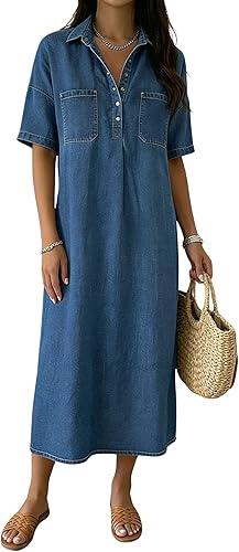chouyatou Women's Distressed Button Up Denim Polo Shirt Dress Short Sleeve Casual Loose Pleated Jean Midi Long Dress