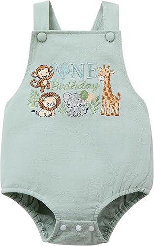 OBEEII Baby Boy 1st Birthday Romper Embroidered Cake Smash Photoshoot Outfit Kids Sleeveless One Piece Overall