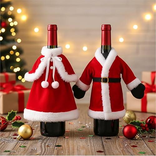 Santa Dress Wine Bottle Cover: 2pcs Red Christmas Wine Bottle Decor for New Year Christmas Holiday Party Dining Table Decorations
