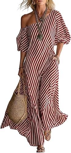 Women's 2026 Summer Flutter Short Sleeve One Shoulder Loose Boho Vacation Flowy Midi Dress, S-2XL