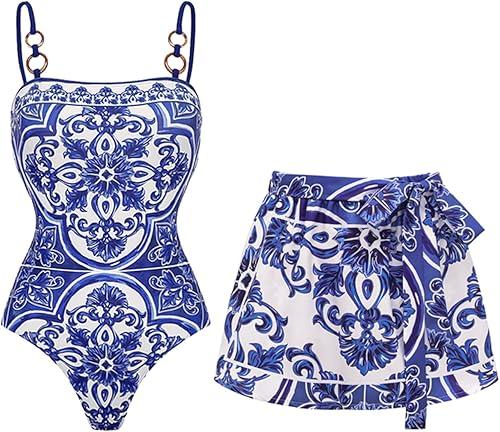 FLAXMAKER Women's One Piece Sling Classic Majolica Adjustable Bathing Suits Back Lace up Swimsuit with Skirt/Shorts
