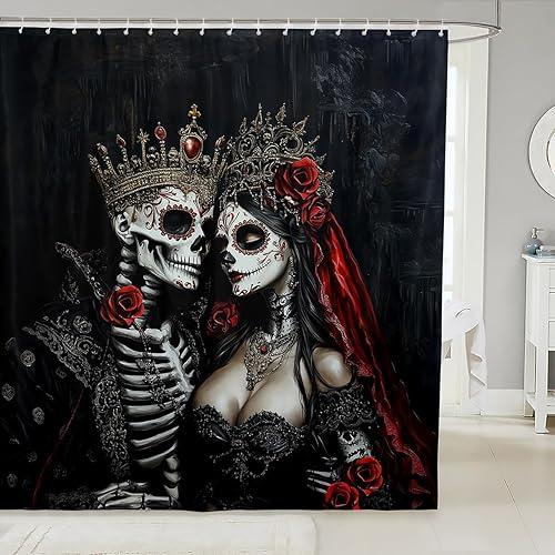 Exotic Skull Couple Shower Curtain Set, Vintage Skeleton Bathroom Accessories 72" Wx72 L,Retro Gothic Decor Spooky Ethnic Tribe Bone Red Rose Bath Curtain,Halloween Skeleton Decorations