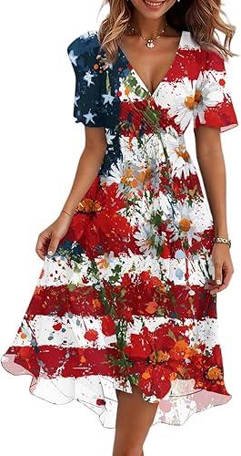 250 Years America Sun Dresses for Women - Summer V Neck Boho Floral Retro Flowy 4Th of July Dress, S-2Xl