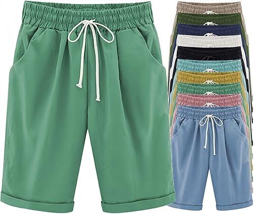 Shorts for Women Cotton Bermuda Shorts with Pockets Elastic Waist Knee Length Casual Athletic Walking Shorts