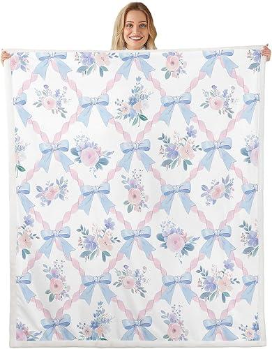 Cute Ribbon Bow Throw Blanket Kawaii Girly Princess Bowknot Fleece Flannel Blankets Kids Girls Room Decor Rustic Floral Bed Blankets for Bed Sofa Couch Pink Blue White Plush Blanket Twin 60"x80"