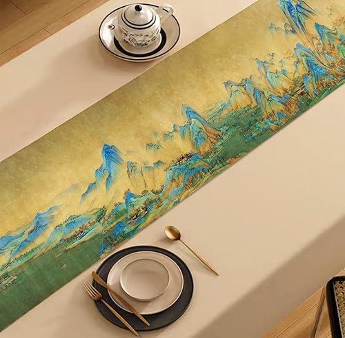 Double-Layer 14x90 Table Runner Bed Runner A Thousand Li of Rivers and MountainsClassic Chinoiserie Print Design Decorative Long Tablecloth Traditional Ancient Literati Art Decor