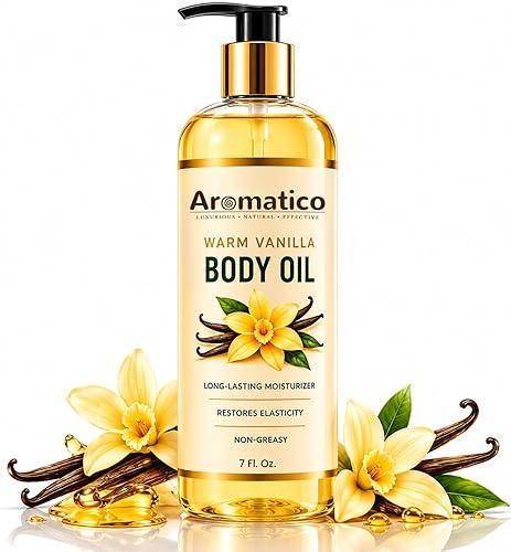 Aromatico Warm Vanilla Body Oil for Women - 7 fl oz | Moisturizing Scented Body Oil for After Shower Daily Use | Cozy, Creamy Vanilla Scent