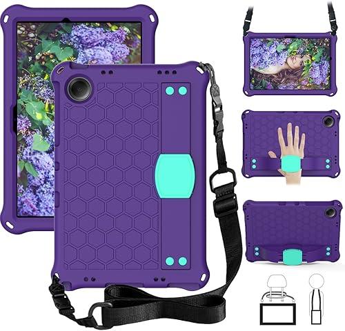 for Alcatel Joy Tab 2 2020 (9032Z) Tablet Case for Kids, Durable Lightweight EVA& PC Shockproof Handle Stand Cover, with Shoulder Strap,Purple+Aqua
