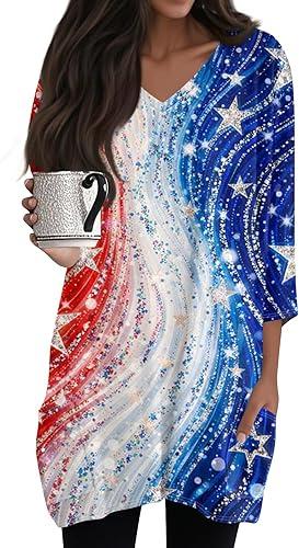 Women's Patriots Apparel 250 American Anniversary USA Fourth of July Tops 3/4 Length Sleeve Shirts Vneck T-Shirt