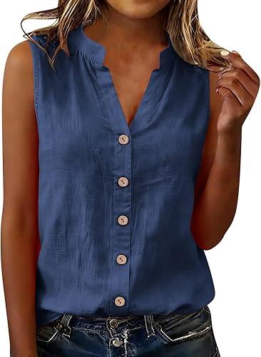 Oplxuo Womens Sleeveless Button Down Shirts Cotton Linen Tank Tops V Neck Dressy Casual Loose Blouses Business Work Tops