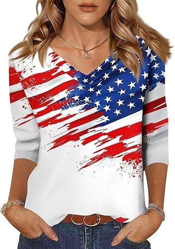 250 Anniversary USA Shirt Tunic Tops 3/4 Sleeve V Neck Plain Loose Fit T-Shirt Blouses, S-3Xl