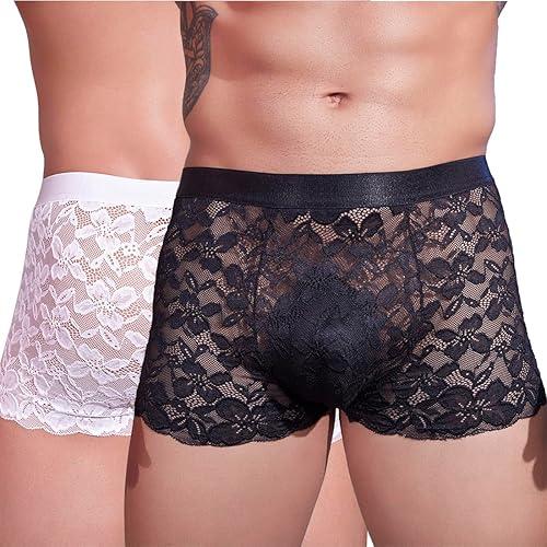 2 Pack Men's Mesh Lace Underwear Breathable Low Rise Pouch Panties Sexy Floral Boxer Briefs, One Size, Black White