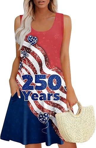250 Years America Dress for Women Sleeveless Patriotic Beach Dresses U Neck 4Th of July Sundress 2026,S-3XL