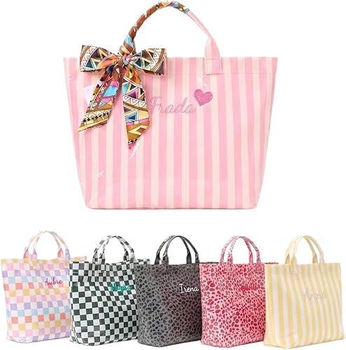 Personalized Beach Bag with Custom Embroidered Name, Waterproof PVC Tote Bag for Women, Large Capacity Travel Pool Bag with Inner Zip Pocket, Bridesmaid Gift