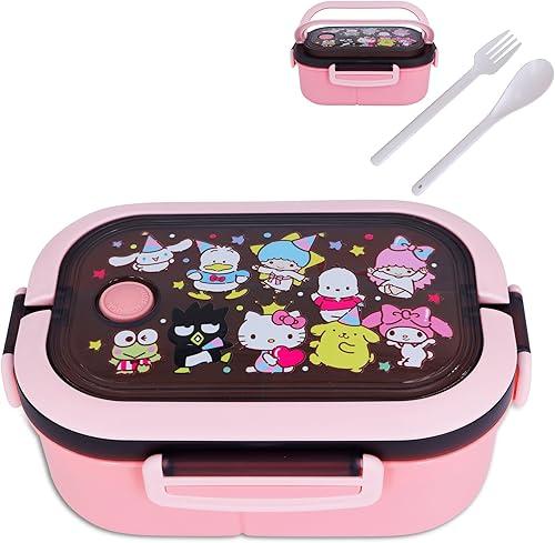 Roffatide Cute Printed All-in-One School Bento Boxes for Girls Boys with Handle Kawaii 4-Point Lock Type Lunch Box Containers for Food Fruit Snack