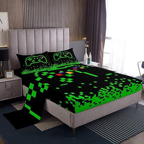 Video Games Top Flat Sheet Queen Size,Miner Pixel Games Bedding Sets 4Pcs for Kids Girls Boys Teens Room Decor,Neon Green Block Building Fitted Sheets Modern Black Bed Sheet,2 Pillowcases
