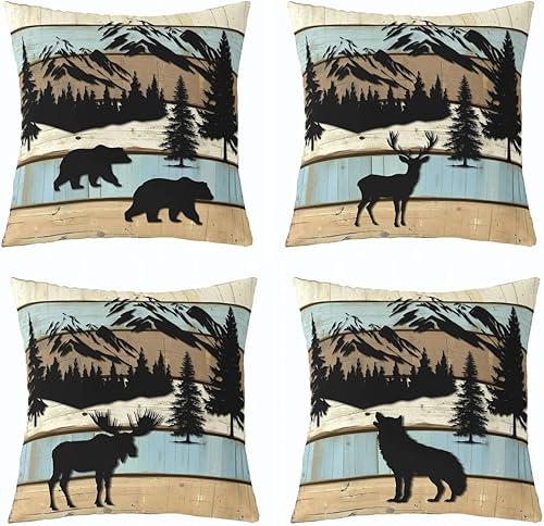 Feelyou Set of 4 Vintage Bear Throw Pillow Covers,Cabin Deer Hunting Cushion Case for Home Living Room Decor, Reversible Farmhouse Wolf Moose Brown Blue Decorative Throw Cushion Case, 20x20 Inches