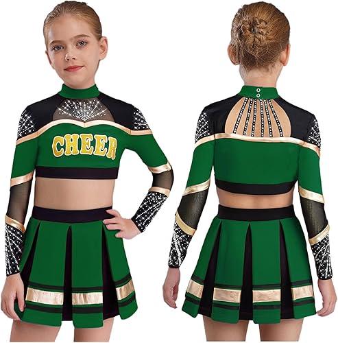 FEESHOW Kids Girls Cheerleading Uniform Long Sleeve Rhinestones Crop Top with Ruffle Skirt Cheer Leader Dancewear