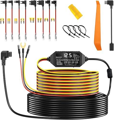 Dash Cam Hardwire Kit USB C with Acc Detection, 12V-24V to 5V/3A Adapter Power Cable with Voltage Display, 4-Level Low Voltage Protection for Dash Camera 24/7 Parking Mode & Continuous Recording