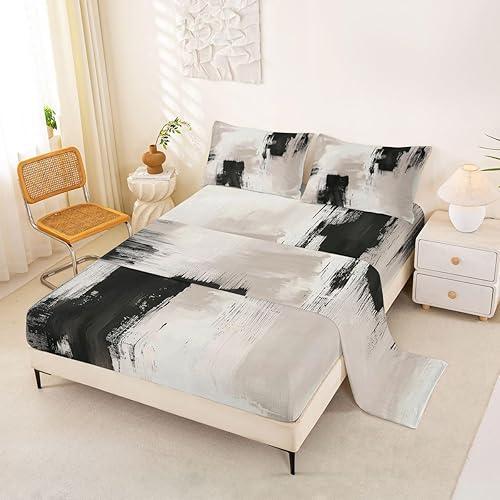 Feelyou Abstract Bed Sheets Set Queen Size Gray Black Geometric Bed Set for Kids Boys Girls Simplistic Deep Pocket Fitted Sheet Retro Fashion Style Breathable Soft Lightweight Microfiber