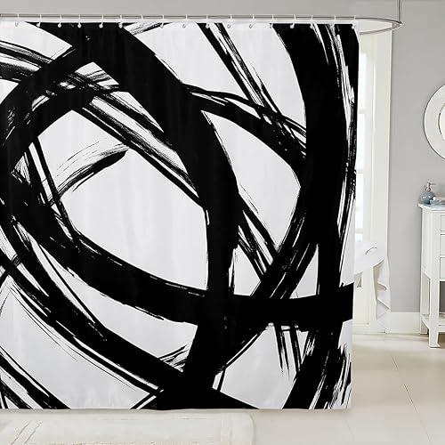 Black and White Shower Curtain,Abstract Modern Stripe Bathroom Shower Curtain Set for Adult Women Men,Neutral Art Waterproof Bath Curtain for Minimalists,Graffiti Aesthetic Line,72"Wx72"L