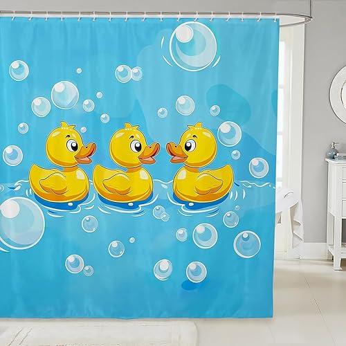Erosebridal Kids Cute Ducks Bathroom Decor - Yellow Rubber Duck Shower Curtain Set for Girls Boys, Funny Pet Duckies Bathroom Set 72 x 72 Inch, Gifts for Duck Lovers Kawaii Fabric Shower Curtain