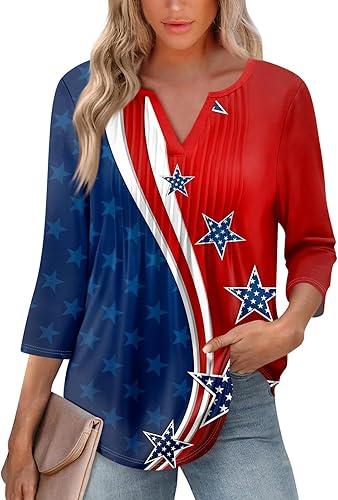 Women's 4Th of July Shirt, 3/4 Sleeve V Neck Patriotic T-Shirts, American Flag Print Tops, S-2XL