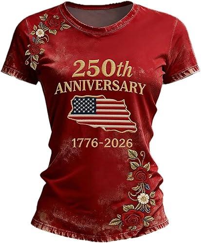 Women's Trendy 250Th Anniversary USA Tops Crew Neck Shirts Short Sleeve Blouse 4Th of July Patriots Flag Tunic