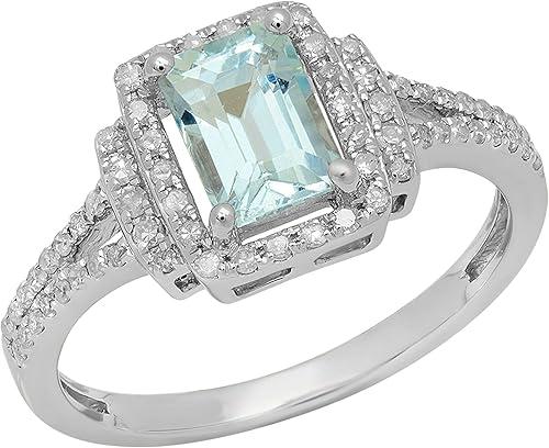 Dazzlingrock Collection Emerald Aquamarine & Round White Natural Diamond Ladies Halo Style Bridal Engagement Ring, Sterling Silver