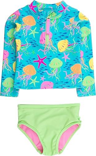 RuffleButts® Baby/Toddler Girls Long Sleeve Rash Guard 2 Piece Swimsuit Set w/UPF 50+ Sun Protection with Zipper