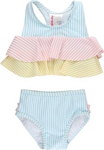 RuffleButts Baby/Toddler Girls UPF50+ Seersucker Color Block Flounce Bikini 2-Piece Swimsuit