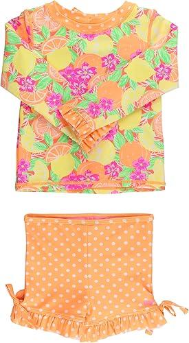 RuffleButts Girls UPF50+ Long Sleeve Rash Guard Ruffle Shorts 2-Piece Swimsuit