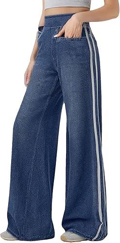 Jeans for Women Retro Washed Side Striped Sweatpants Baggy Trousers Denim Versatile High Waist Street Pants