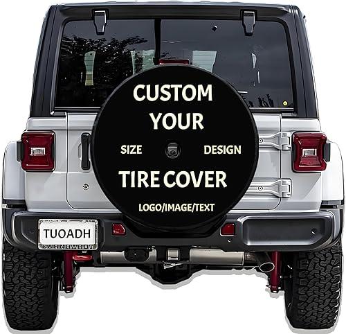 Custom Tire Cover with Backup Camera Hole, Personalized PVC Leather Spare Tire Cover with Logo/Photo/Text, Durable, Heavy Duty Wheel Cover Fits Jeep, RV, Trailer