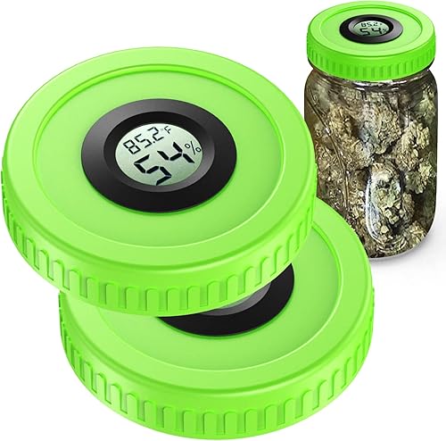 Mason Jar Lids Built-In Stash Hygrometer Herb Curing monitor fits all Wide Mouth/Regular Mouth Mason Jars humidity lid 2pcs (86mm, Green)