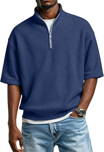 Short Sleeve Waffle Shirts for Men Quarter Zip Pullover Casual Stand Collar Polo Shirt Textured Knit Tops, S-4XL
