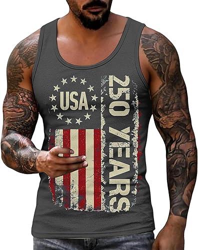 Men's 250 Anniversary USA Shirt Retro American Flag Tank Tops Patriotic Tee for 4Th of July Spring Summer Vest